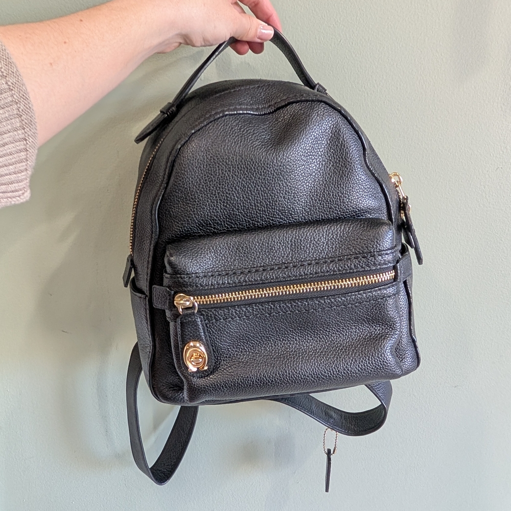 Black Leather Mini Backpack with Gold Accents